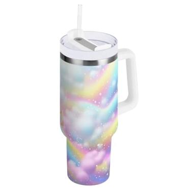Imagem de Blueangle Copo isolado de 1,134 g com alça e tampa de canudo - Caneca de viagem de aço inoxidável à prova de vazamento, garrafa de água em espiral de sorvete arco-íris a vácuo de parede dupla (905)