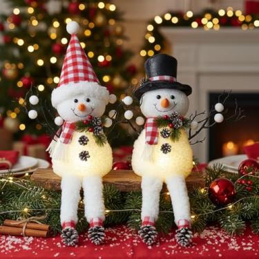 Imagem de Pacote com 2 decorações de mesa de Natal, bonecos de neve iluminados de pelúcia de 45,7 cm, árvores de Natal com galhos de pinha, boneco de neve iluminado, enfeites de mesa para presentes de festa de