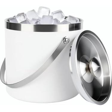 Imagem de Balde de gelo branco de aço inoxidável isolado de parede dupla 3L com colher para bar de coquetel - Balde de gelo de metal para freezer com tampa para festas, acampamento e muito mais! Balde de