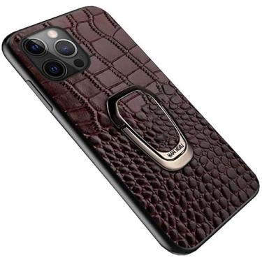 Imagem de KKFAUS Capa de telefone traseira do motorista com suporte magnético para dedo, para Apple iPhone 13 Pro Max (2021) Capa à prova de choque de couro padrão crocodilo de 6,7 polegadas (Cor: marrom)