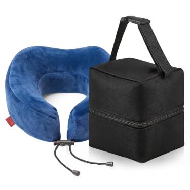 Imagem de Shinylin Bolsa de viagem compacta para travesseiro de pescoço 14 × 15 × 16,5 cm, estojo de transporte de lona preta com alça e fecho rápido anexa-se a mochilas de bagagem para viagens de trem de avião