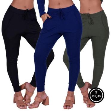Imagem de Kit 3 Calça Jogger Canelada Feminina Confi - c12 KIT 3 VERA PRETA AZUL