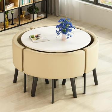 Imagem de Conjunto de mesa e cadeiras que economizam espaço, conjunto de mesa de cozinha redonda de couro, combinação de mesa de recepção e cadeira, com 1 mesa e 4 cadeiras, para sala de estar, cozinha, sala de