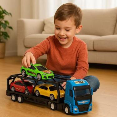 Imagem de Caminhão Cegonheira 3 Carrinhos Azul Brinquedo Infantil Transporte Veí