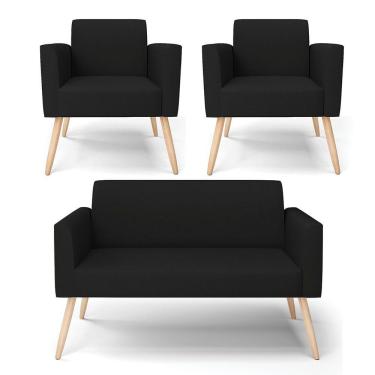 Imagem de Sofá Namoradeira Com 2 Poltronas Pés Palito Natural Marisa Linho D03 - D\'rossi Cor A79 Preto