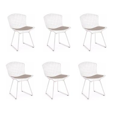 Imagem de Kit 6 Cadeiras Bertoia Branca Com Assento Bege