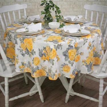 Imagem de Toalha de Mesa Redonda em Tecido Jacquard Estampado Floral Amarelo, 2,