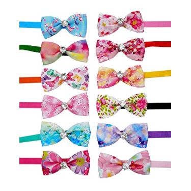 Imagem de JpGdn 12 peças de laços para animais de estimação em cores mistas com strass brilhante e laço ajustável para pequenos gatos médios acessórios de cuidados para animais de estimação