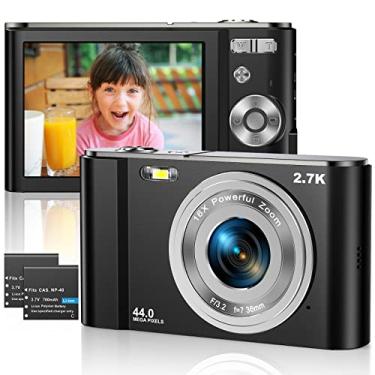 Imagem de Câmera digital 2,7 K Ultra HD Mini câmera 44MP tela LCD de 2,8 polegadas recarregável para estudantes, câmera compacta de bolso com zoom digital 16x, câmera YouTube Vlogging para crianças, adultos, iniciantes (preto)