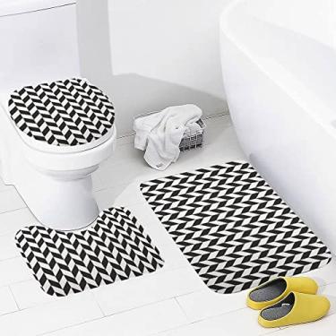 Imagem de Conjunto de 3 peças de tapetes de banheiro preto e branco, geométrico, lavável, tapete antiderrapante, tapete de contorno e tampa para banheiro