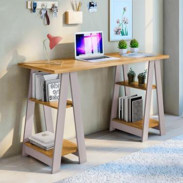 Imagem de Mesa Escrivaninha 04 Prateleiras e Pés Cavalete Vigor - Cinamomo/Off White - JCM