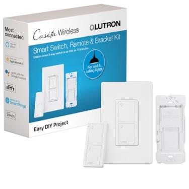 Imagem de Lutron Kit de interruptor inteligente Caseta de 3 vias, com controle remoto Pico, placa de parede, suporte de parede para luzes de LED e ventiladores, 5 Amp, neutro necessário, P-PKG1WS-WH