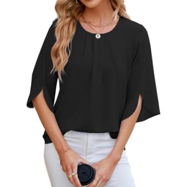 Imagem de Blusas femininas de chiffon elegantes casuais plissadas gola redonda manga 3/4 camisas de verão, Preto, M