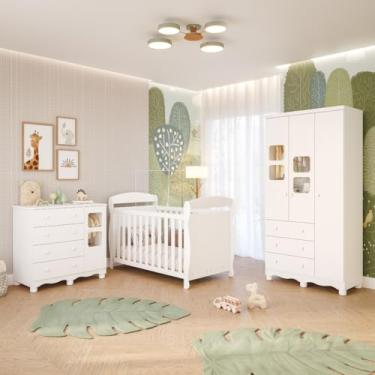 Imagem de Quarto Bebê Completo Berço Americano Marquesa 3 em 1 Guarda Roupa 3 Portas Cômoda Uli Peroba Branco Brilho