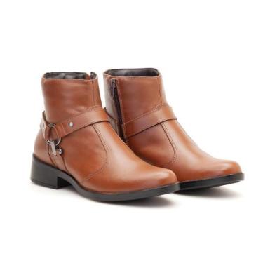 Imagem de Bota Cano Curto Couro Feminino Zíper Moda Tiras Argola Inverno Confort