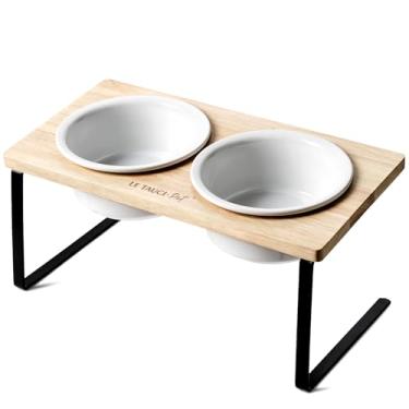 Imagem de Tigela elevada para cães, suporte elevado de 16,5 cm, tigela de cerâmica para cães com suporte de madeira, tigela de ração para cães para raças pequenas e médias, branca