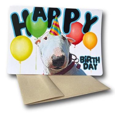 Imagem de Cartão de feliz aniversário com cães, cartão de bull terrier branco (1 cartão premium, 12,7 x 18 cm, em branco dentro), cartão de aniversário com tema de cachorro, cartão de aniversário fofo de bull