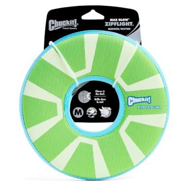 Imagem de Chuckit! Brinquedo para cães Max Glow Zipflight Flying Disc - Flyer flutuante na água para praia e piscina - Construção de poliéster durável - Para cães médios e grandes - Tamanho médio - 21,6 cm C x
