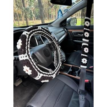 Imagem de Hosootan Capa de volante de carro margarida de crochê, linda capa de cinto de segurança, acessórios femininos para carro (capa de roda + 2 capas de cinto + arco-íris)