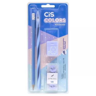 Imagem de Cis Kit Escolar Colors Azul - Caneta 0,7mm, Lápis HB, Borracha e Apontador