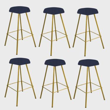 Imagem de Kit 06 Banqueta Alta Lari Eiffel Hexágono Bancada Bar Balcão Bistrô Ferro Dourado Suede Azul Marinho - Ahz Móveis