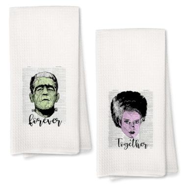 Imagem de Giosve Frankenstein and Bride Toalhas de cozinha góticas para casais, presentes de casamento para casais, Dark Academia Toalhas de mão de filme de monstro de terror, dicionário vintage, toalhas de chá
