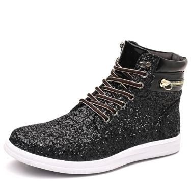 Imagem de Trsorini Tênis masculino de cano alto brilhante brilhante com lantejoulas brilhantes para homens, A/Glitter preto, 42