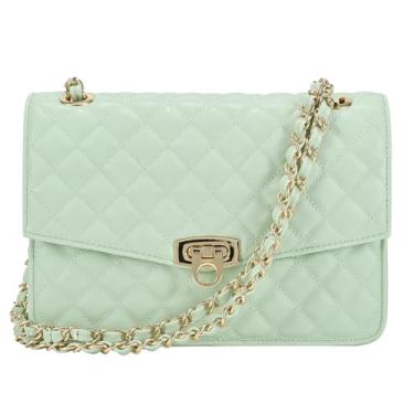 Imagem de GM LIKKIE Bolsa de ombro acolchoada para mulheres, bolsa transversal de aba média com alça de corrente, bolsa clutch de couro vegano macio, Verde menta, Medium