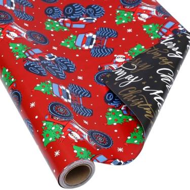 Imagem de AUCLAY Reversible Christmas Wrapping Paper Roll for Kids Men Women Baby - Red Monster Truck & Santa, Merry Christmas Lettering with Stars in Black - Holiday Gift Wrap Paper, 17.7 Inch X 33 Feet