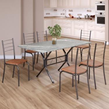 Imagem de Conjunto Sala De Jantar Mesa Retangular 140x75cm Tampo Granito Topázio 6 Cadeiras Rio C. Marrom - Mart Prata