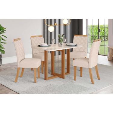 Imagem de Conjunto Mesa Sala Jantar Natalí Com Tampo Madeirado Com Vidro Curvo 120x80cm E 4 Cadeiras Bella Nature Linho Henn