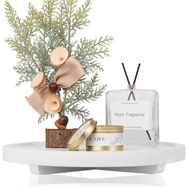 Imagem de Bandeja decorativa redonda de madeira organizador de balcão de banheiro decoração de cozinha de fazenda elevador de madeira para saboneteira, perfume, vela, esponja, 30,5 cm - branco