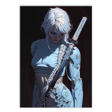 Imagem de Placa Decorativa Anime Garota Samurai Ciborgue Cyberpunk Decoração Poster Quarto Sala