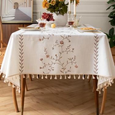 Imagem de KAIJIE Toalha de mesa retangular texturizada estilo rural toalha de mesa de algodão e linho bordado com decorações de borla para casa 100 x 160 cm