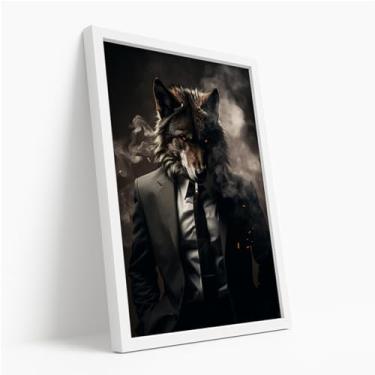 Imagem de Quadro Decorativo Lobo Terno Escuro Com Moldura Animal Misterioso Forte Elegante Fumaça Olhar Intenso Preto Criativo Estilo Masculino