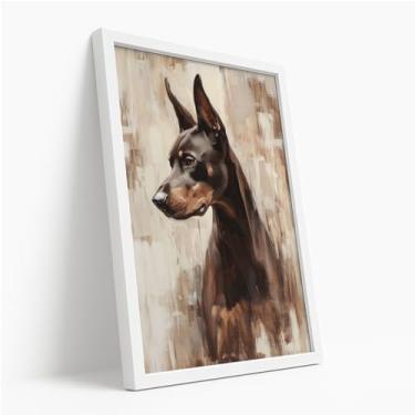 Imagem de Quadro Decorativo Doberman Pinscher Com Moldura Cachorro Imponente Vigilante Forte Marrom e Preto Pintura Realista Animal Elegante Segurança