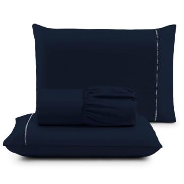 Imagem de Jogo de Lençol Casal 3 Peças Micropercal 400 Fios, Acabamento em Ponto Palito, Toque Acetinado de Hotel, Antiácaro, Não Amassa, Lençol com Elástico, Não faz bolinha, Extra Macio. (Azul Marinho)