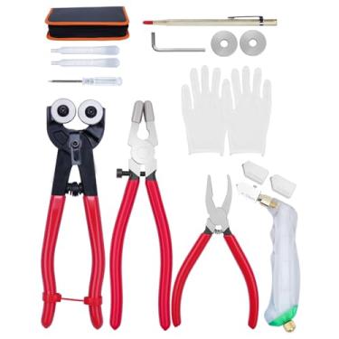 Imagem de eZAKKA Kit de ferramentas de corte de vidro, alicate de corrida de vidro com cortador de óleo com bolsa de zíper de couro para vitral, azulejos, mosaico, espelhos, garrafa, um kit