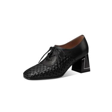 Imagem de TinaCus Sapato Oxford feminino feito à mão, couro legítimo, bico quadrado, cadarço e salto médio, Preto, 35