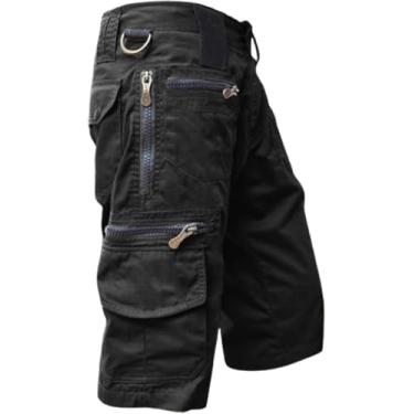 Imagem de Calças Cargo Masculinas Comprimento 3/4 Com Muitos Bolsos Shorts Cargo Bolsos Largos Com Zíper Bermudas Pretas Calças De Lazer Confortáveis Masculinas Shorts De Trabalho Vinta, Black, 3XL