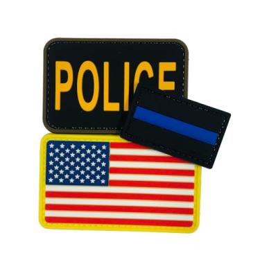 Imagem de uuKen 3 peças de adesivos de PVC 7,6 x 5 cm para chapéus, bonés, bolsas, mochilas, coletes roupas (3 peças, amarelo, bandeira, linha azul fina)