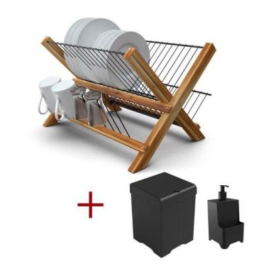 Imagem de Kit Cozinha Escorredor De Madeira + Lixeira 5,4l + Dispenser Preto - S