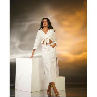 Imagem de Saia Longa Feminina com Abertura Lateral e Barra Desfiada 23422 Branco