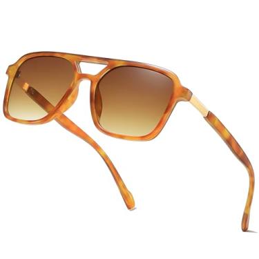 Imagem de aisswzber Óculos de sol retrô aviador retangular para mulheres e homens, unissex, proteção UV400, armação leve, óculos de sol modernos, Armação de tartaruga amarela/lente de classificação marrom
