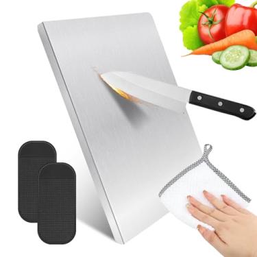 Imagem de Tábuas de corte para cozinha, tábuas de corte de aço inoxidável com bordo, conjunto de tábua de corte de metal resistente sobre a pia com tapete antiderrapante e pano para carne, legumes, pão, 30 x 30