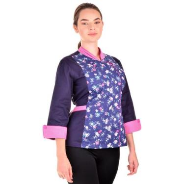 Imagem de Dólmã Feminina Para Chef De Cozinha Estampa Floral Azul Blueberry Gamb