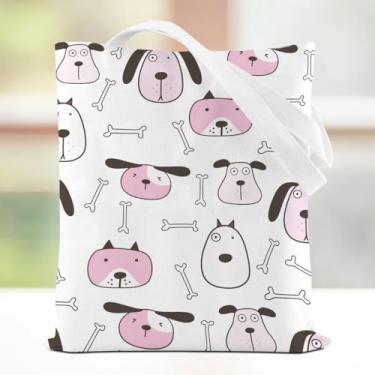 Imagem de Sacola fofa de cachorro com osso, bolsa de ombro reutilizável de lona de mercearia para compras, férias, trabalho, academia, bolsa de praia portátil de grande capacidade, presente para amantes de cães