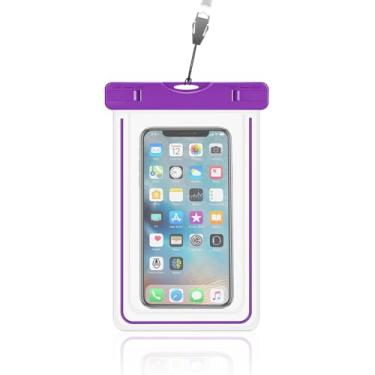 Imagem de Bolsa impermeável para celular com tiras brilhantes de até 17 cm, compatível com iPhone 16 15 14/S24 Ultra/Pixel 8, bolsa de telefone à prova d'água para praia e piscina com cordão (1 pacote roxo)