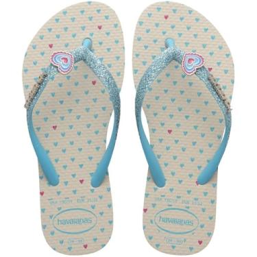 Imagem de Havaianas Kids Slim Glitter II, Chinelo Infantil com Tiras Brilhantes, Azul e Branco com Estampa de Corações, Sandália para Menina (Bege Palha, BR, Criança de 4 a 8 anos, Faixa Numérico, M, 27, 28)
