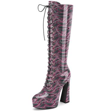 Imagem de Perisis Botas femininas com cadarço até o joelho plataforma salto alto grosso bico arredondado botas longas de couro envernizado com zíper, Ondas rosa, 36